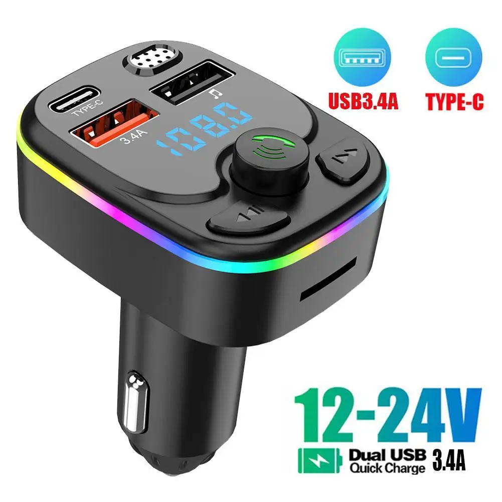 

Car Bluetooth 5.0 FM Transmitter PD Type-C Dual USB Player Charger Handsfree Modulator MP3 Light Colorful 3.1A Ambient Fast