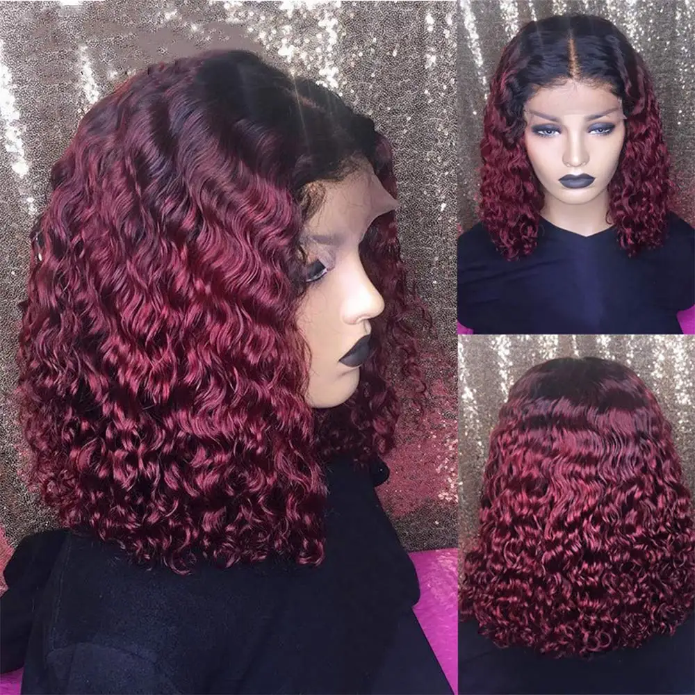 

Парик 1B/99J с эффектом омбре бордового красного цвета, парик 13X4, парик на сетке спереди из человеческих волос Hd для женщин, бразильские волосы Remy, Короткие вьющиеся волосы, парик без клея