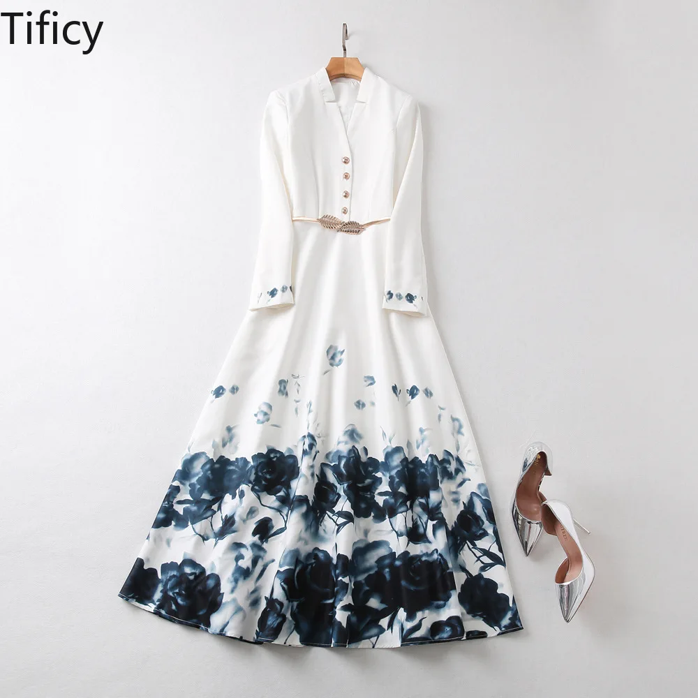 

TIFICY Runway Show 24 Autumn New Women's V-neck Long Sleeved Button Up Ink Wash Print Waist Cinching Large Hem Long Dress