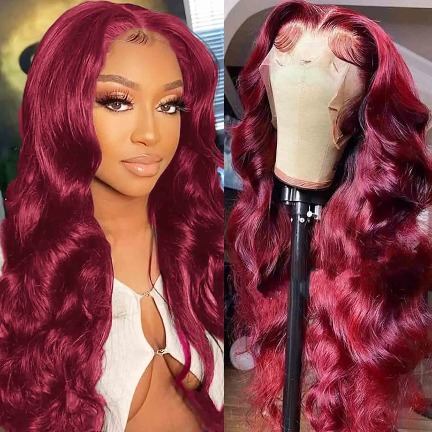 

Burgundy Synthetic Lace Front Wigs for Black Women Red Long Body Wave Glueless Wig Pre Plucked Hairline with Baby Hair Cosplay