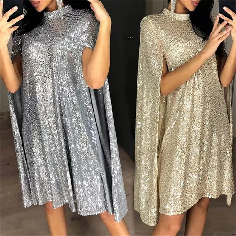 

Sexy Party Sequin Glitter Cloak Dress for Women Fashion Mock Neck Cape Design Long Sleeve Loose Split Formal Dress Vestidos
