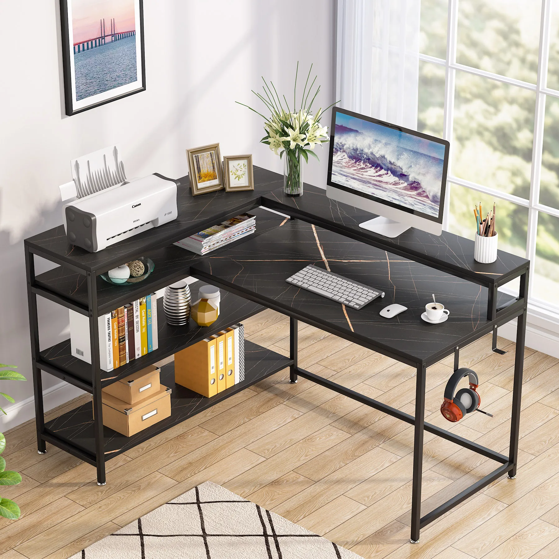 

Tribesigns Reversible L Shaped Computer Desk with Storage Shelf, Industrial 53 Inch Corner Desk with Shelves and Monitor Stand