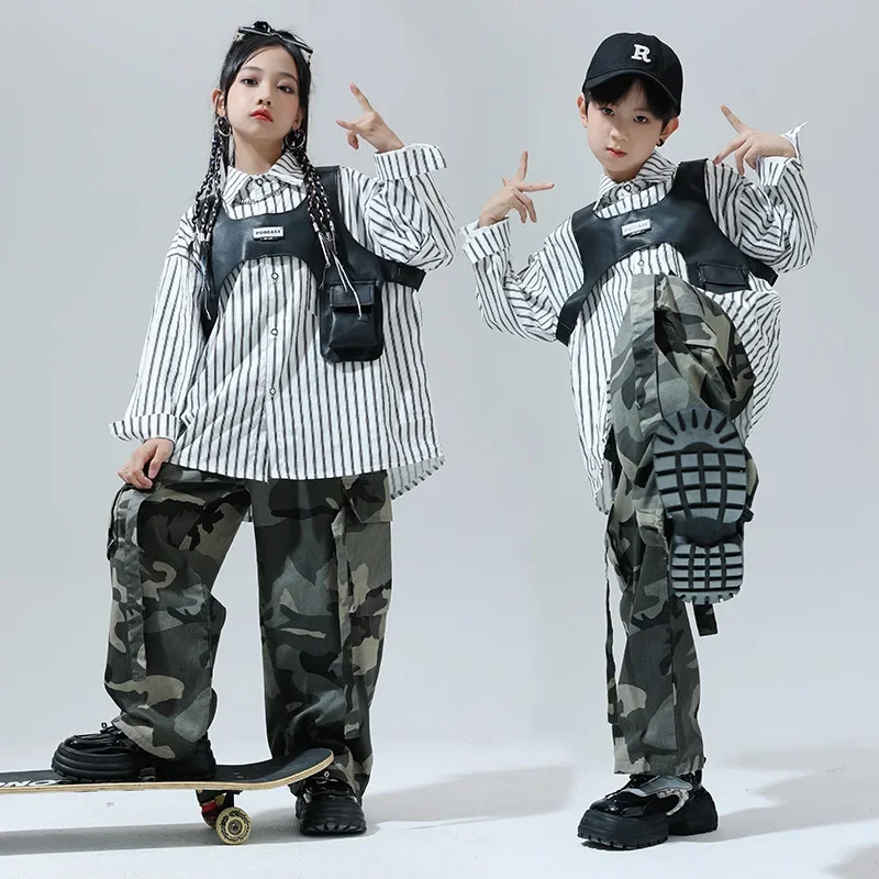 

Kids Hip Hop Clothes Sets Black Vest + Striped Shirt + Camouflage Pants Boys Street Dance Costume Girls Jazz Performance Suit