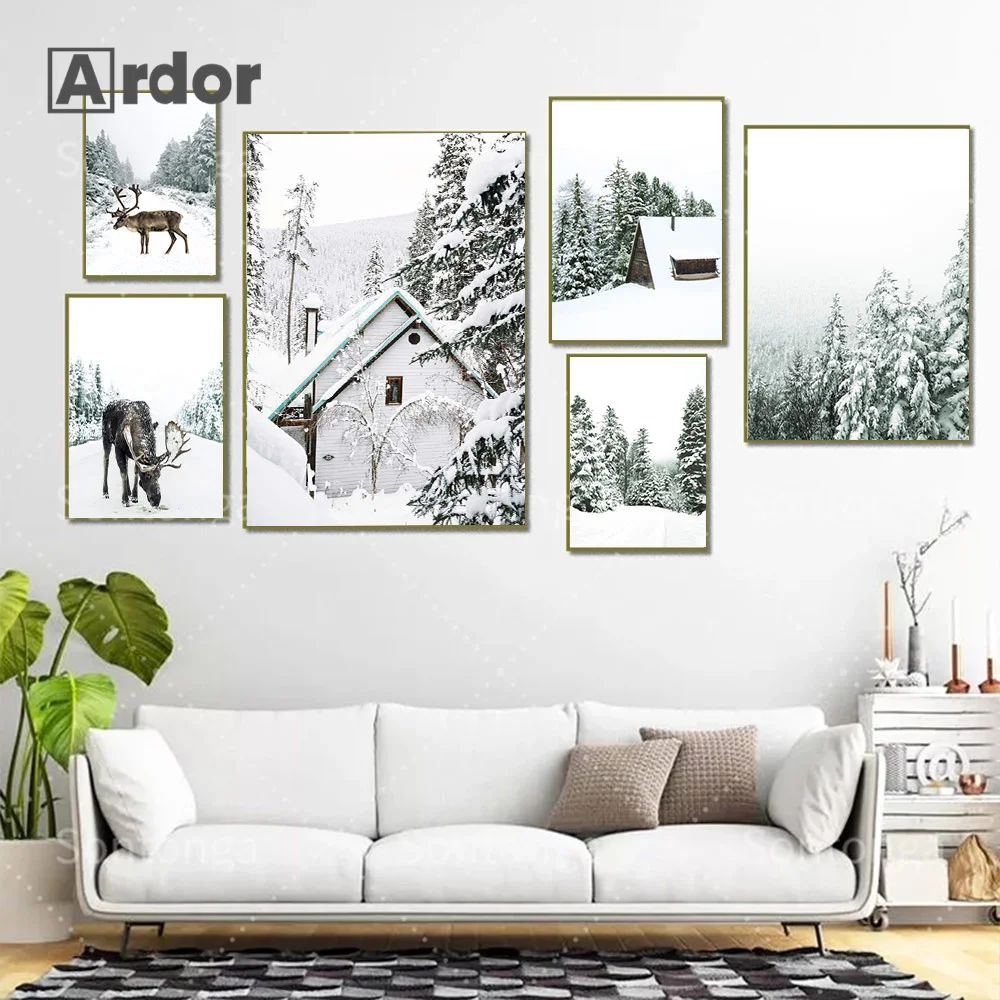 

House Snow Mountain Poster Deer Elk Squirrel Pine Wall Art Canvas Painting Nordic Print Wall Pictures Living Room Home Decor