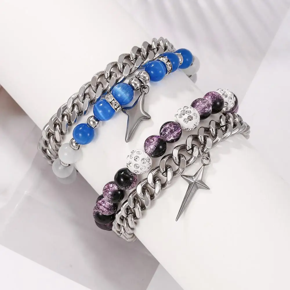 

Natural Stone Hexagram Pendant Charms Bracelets Opal Amethyst 8MM Gem Stone Bead Stainless Steel Chain Bracelet for Women Men