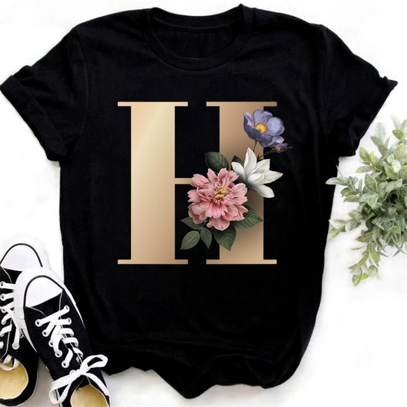 

Fashion Golden 26 Letters Flower Harajuku print ladies T-shirt casual basics O-collar Black shirt short sleeve ladies T-shirts