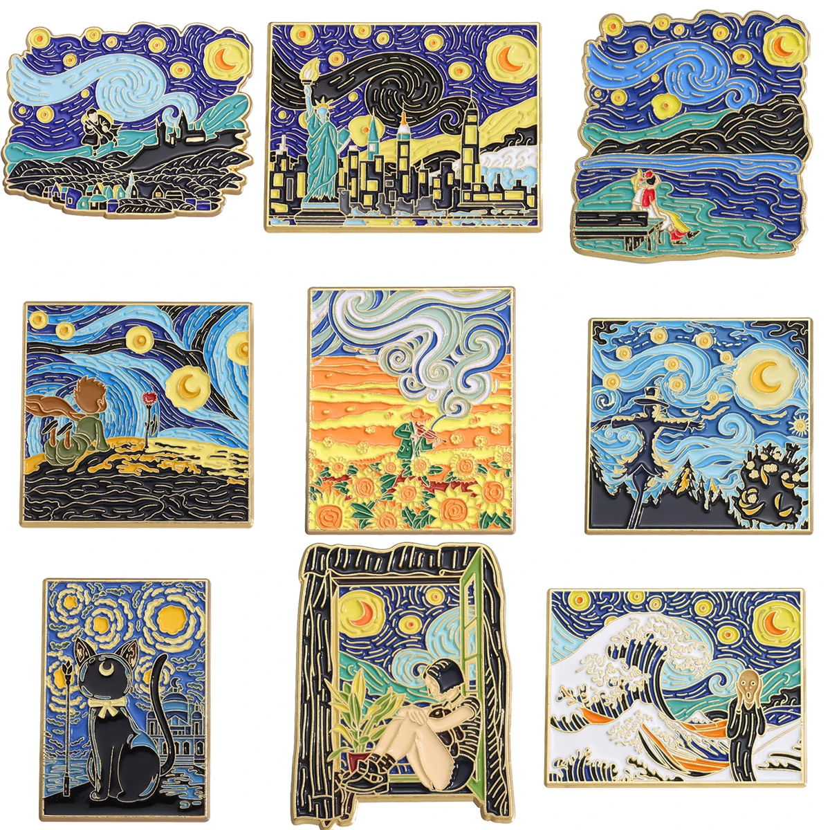 

Starry Night Cat Enamel Pins Van Gogh Art Oil Painting Brooch Clothing Backpack Lapel Badges Fashion Jewelry Accessories Gifts