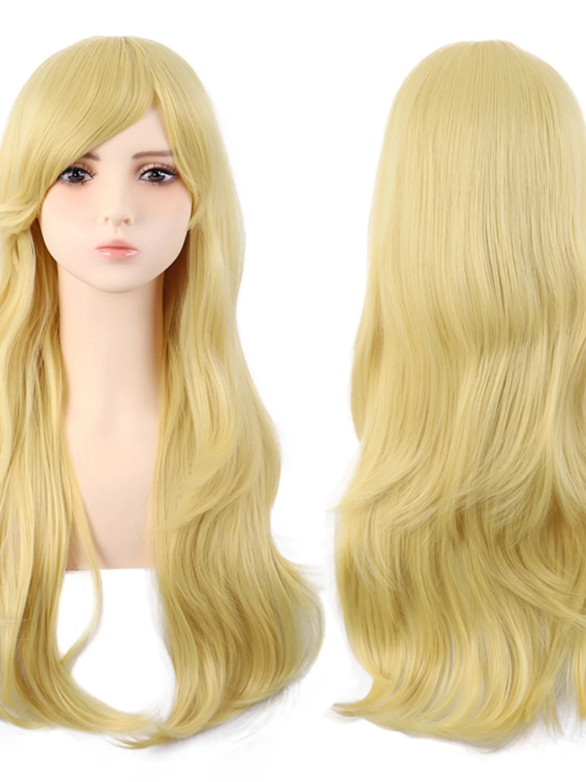 

Cos Wig Female Long Hair Anime Golden Qi Side Bangs Universal Micro Roll 70cm Headgear