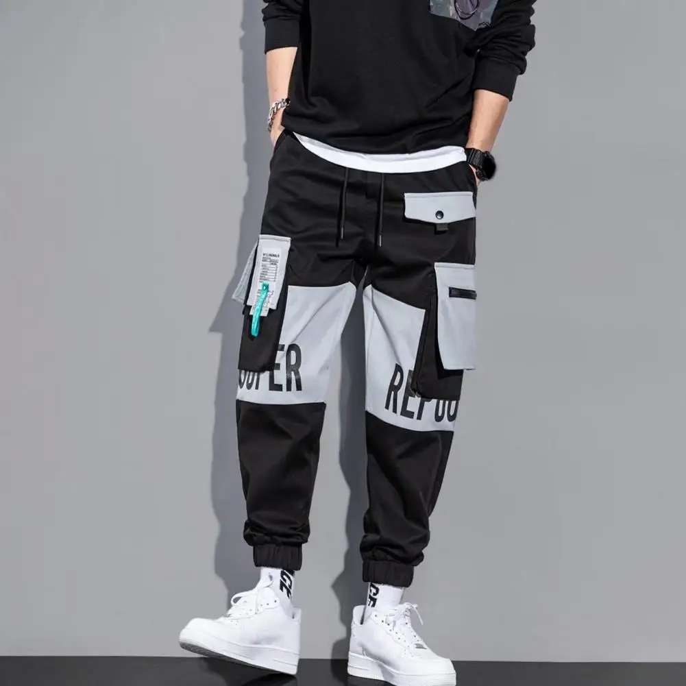 

Men Bottoms Men's Cargo Pants with Drawstring Waist Multiple Pockets Featuring Letter Print Ankle-banded Contrast Color for Any