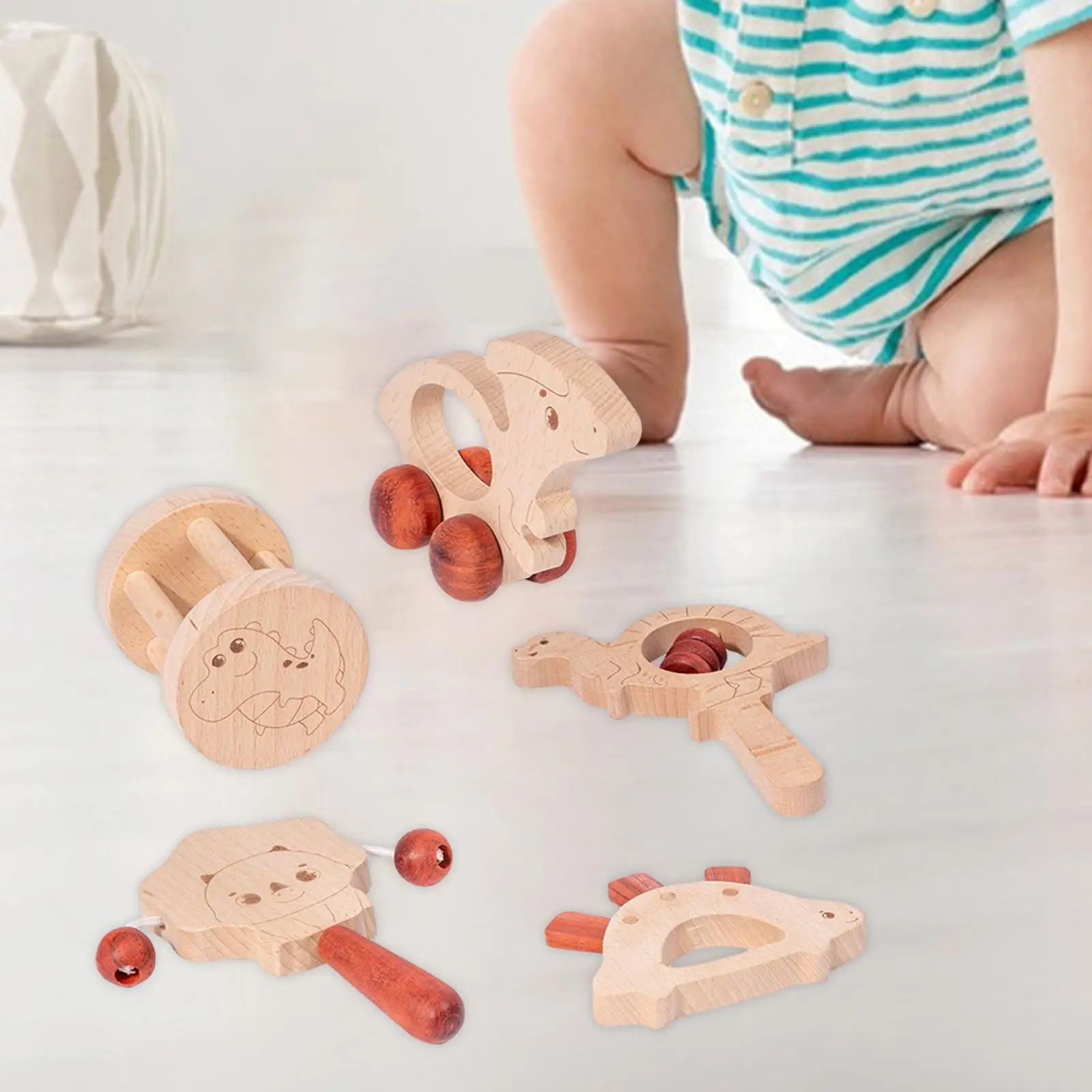 

5 Pieces Wooden Baby Toys Wood Car Sensory Development Wood Toy Rattles Montessori Baby Rattle with Bells 6-12 Months