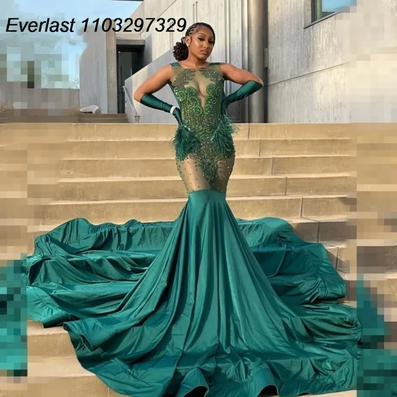 

EVLAST Emerald Green Mermaid Prom Dress 2024 Diamond Crystals Beaded With Gloves Black Girls Party Gown Vestidos De Gala TPD25