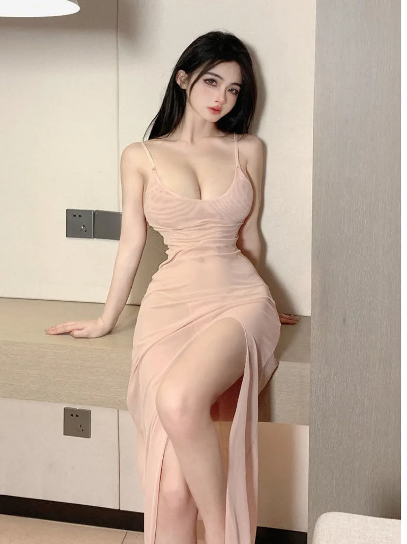 

New Style Sexy Side Split Mesh Suspender Dress Women Sheer Thin Top Solid Color Gauze Elasticity Charm Slim Elegant Skinny GKQD