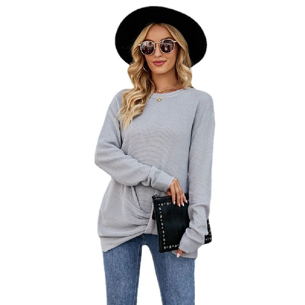 

Women's Sweater Knitwear Crop Knit Pullovers Solid Color 2023 Autumn/Winter New Twisted Hem Woman Jumper Round Neck Pullover