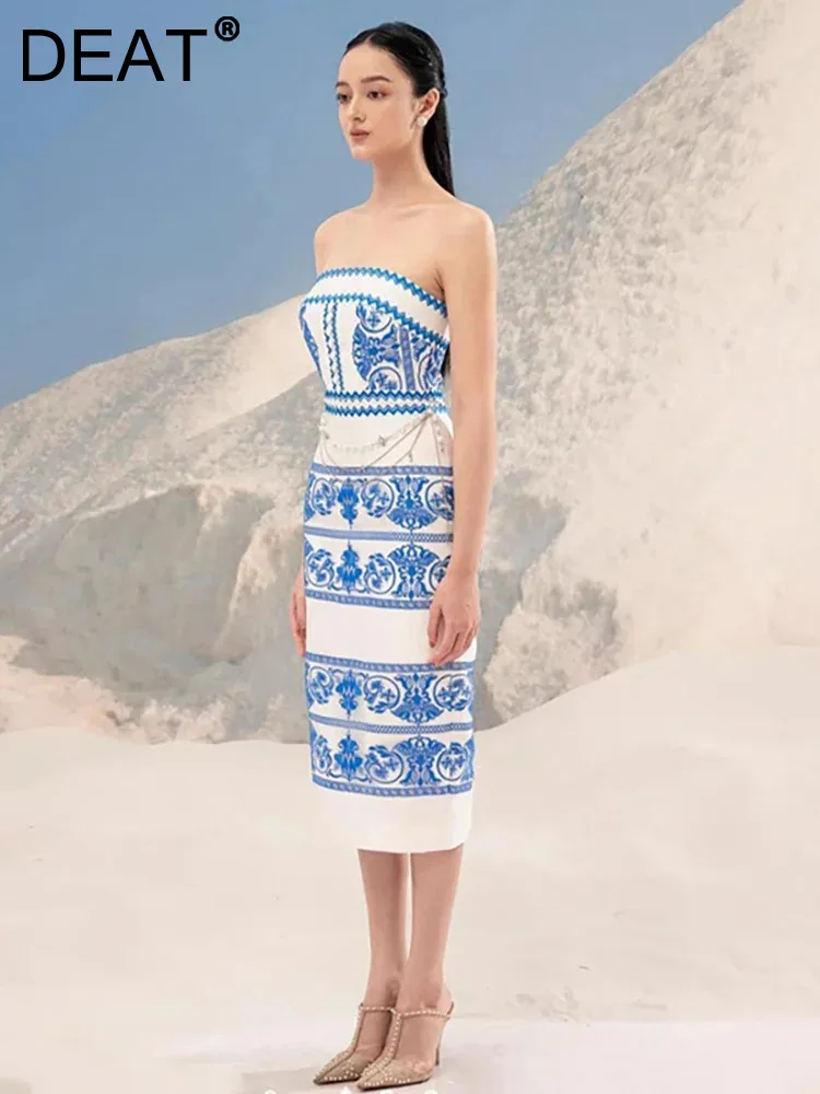 

DEAT Elegant Dress Strapless Contrast Color Porcelain Embroidered Slim Mid-calf Women's Dresses Spring 2024 New Fashion 13DB3298