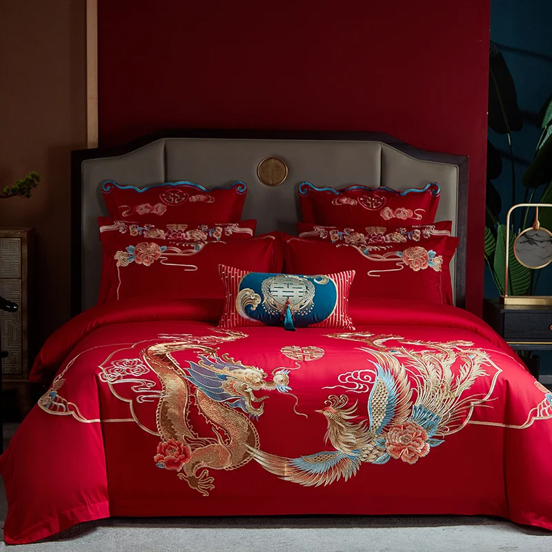 

Luxury Loong Phoenix Embroidery Bedding Set Egyptian Cotton Chinese Royal Wedding Red Duvet Cover Bed Sheet Pillowcases 4/6/8Pcs