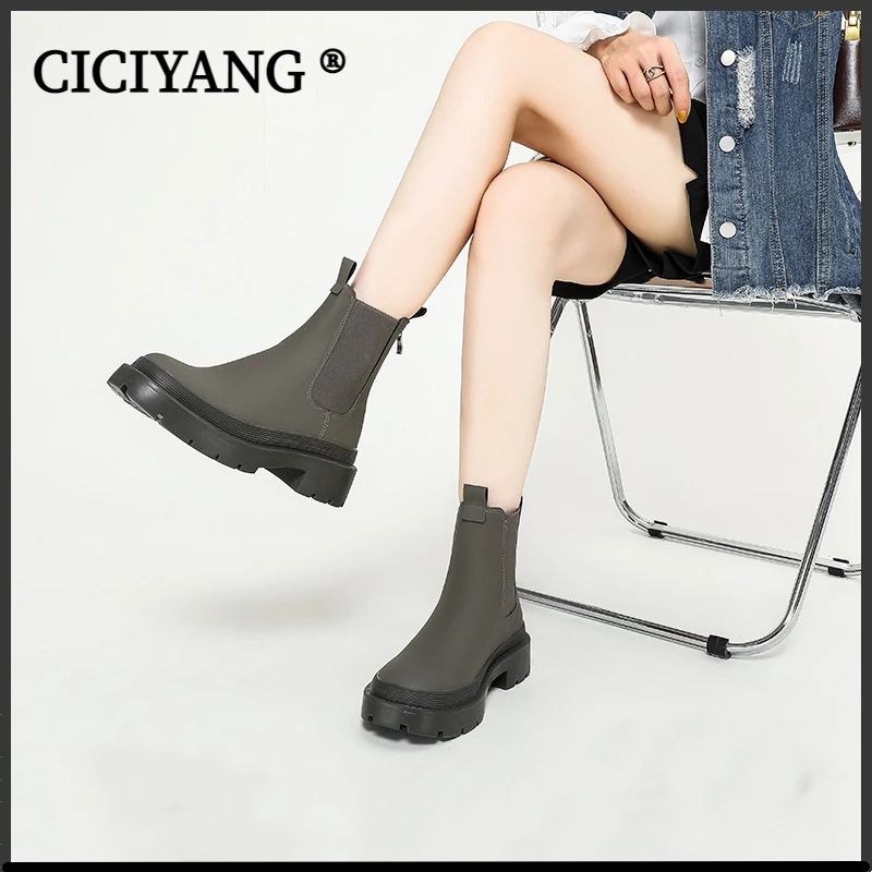 

CICIYANG Women's Booties 2023 Winter New England Style Ladies Chelsea Boots Genuine Leather Casual Thick Heel Zipper Ankle Boots