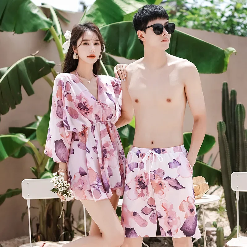 

Sexy Couple Swimsuit Set Pink Hawaiian Sling Split Swimswear Bathing Suits Lovers 2 Peice Set Floral Women Swimming Pants