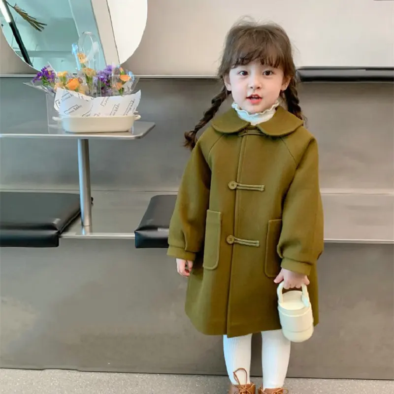 

Шерстяное хлопковое утепленное пальто с зажимом для девочек, зимняя новая стильная детская одежда, однотонный теплый карман с отложным воротником