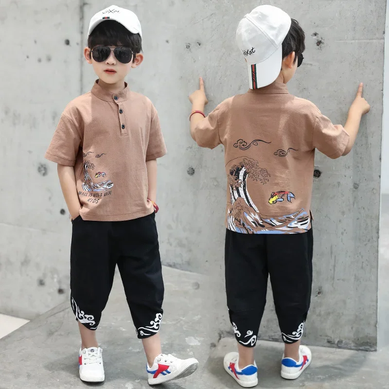 

Комплект из двух предметов: Топ и низ для мальчиков, одежда в китайском стиле для мальчиков, летнее платье 2023, комплект из хлопковой и льняной футболки с коротким рукавом для детей