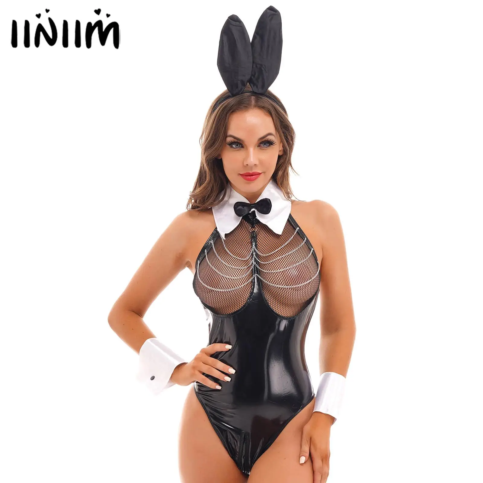 Womens Sexy Bunny Girl Cosplay Costume Patent Leather Halter Neck Sheer Mesh Chest Rabbit Ears Zipper Crotch Bodysuit Set
Womens Sexy Bunny Girl Cosplay Costume Patent Leather Halter Neck Sheer Mesh Chest Rabbit Ears Zipper Crotch Bodysuit Set