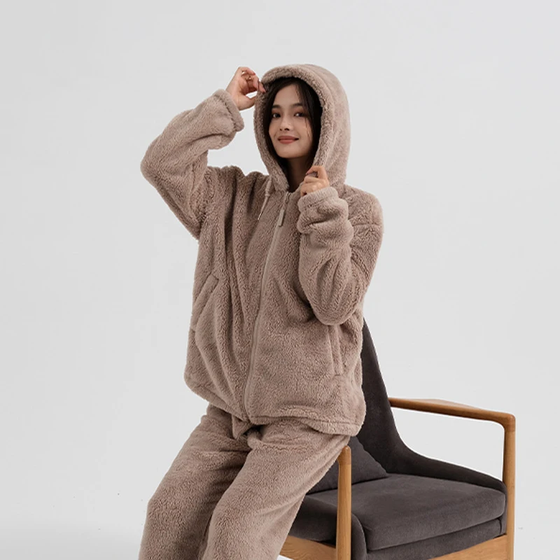 

Suit Autumn Couple Pajamas Zip Hooded Homewear Thickened Cloudy Fleece Padded Comfortable Can Be Worn Outside Warm Winter