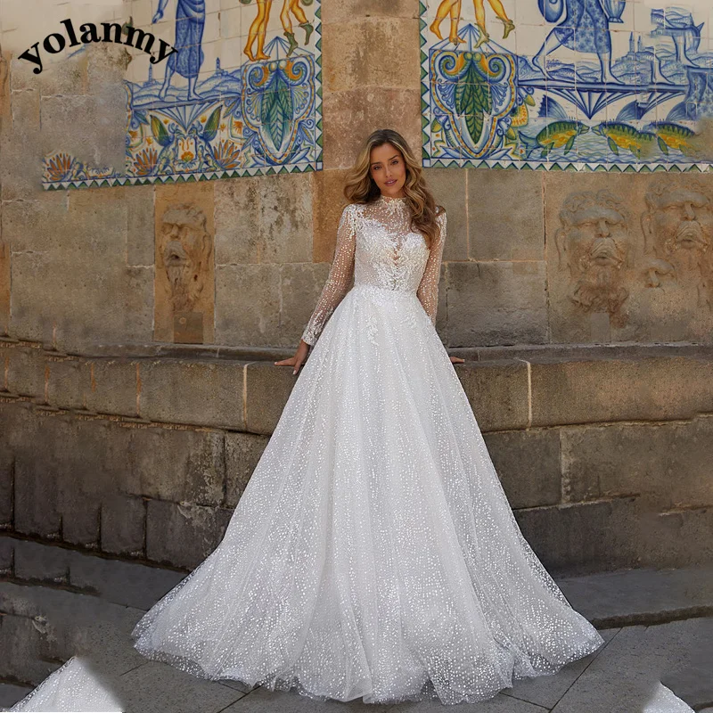 

YOLANMY Modern Wedding Dress Sparkly Long Sleeves Jewel Neck Appliques Cut-out Backless Court Train Valentine's DayDrop Shipping