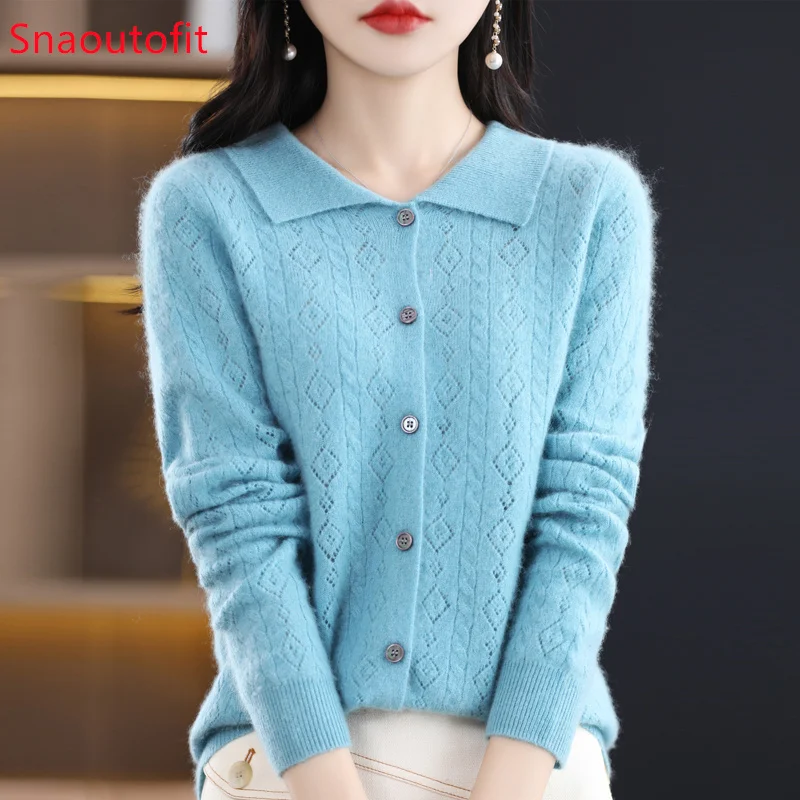 Spring/Autumn Merino Wool Sweater Women's Polo Collar Hollowed Out Knit Cardigan Chic Knitt Cashmere Sweater Loose Look Slim Top
Spring/Autumn Merino Wool Sweater Women's Polo Collar Hollowed Out Knit Cardigan Chic Knitt Cashmere Sweater Loose Look Slim Top