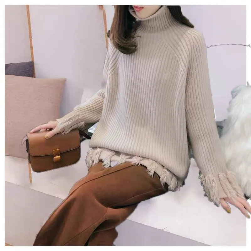 

Модный вязаный свитер с вышивкой и бахромой в Корейском стиле, свободный Толстый Пуловер с высоким воротником, теплые милые топы на весну и осень 28592