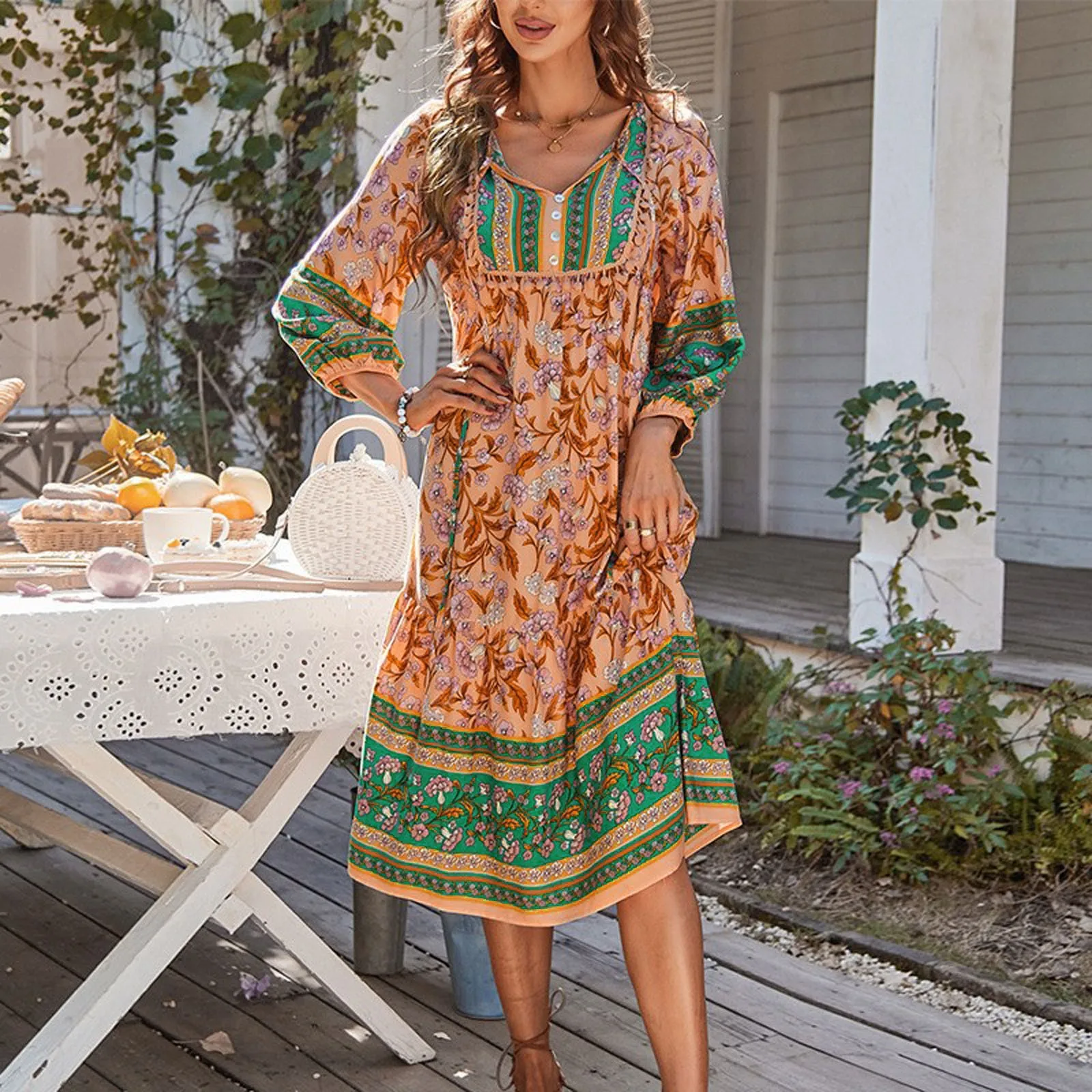 Ladies Casual Bohemian Printed Long Dress Summer V-Neck Long Sleeve Maxi Dress Female Fashion Loose Fit Beach Dresses Holiday 
Ladies Casual Bohemian Printed Long Dress Summer V-Neck Long Sleeve Maxi Dress Female Fashion Loose Fit Beach Dresses Holiday