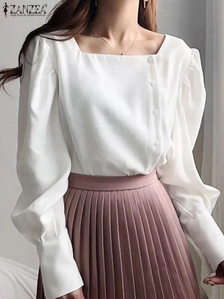 

ZANZEA Elegant Square Neck Shirt Casual Office Lady Tops Oversize 2024 Spring Buttons Solid Tunics Women Puff Long Sleeve Blouse