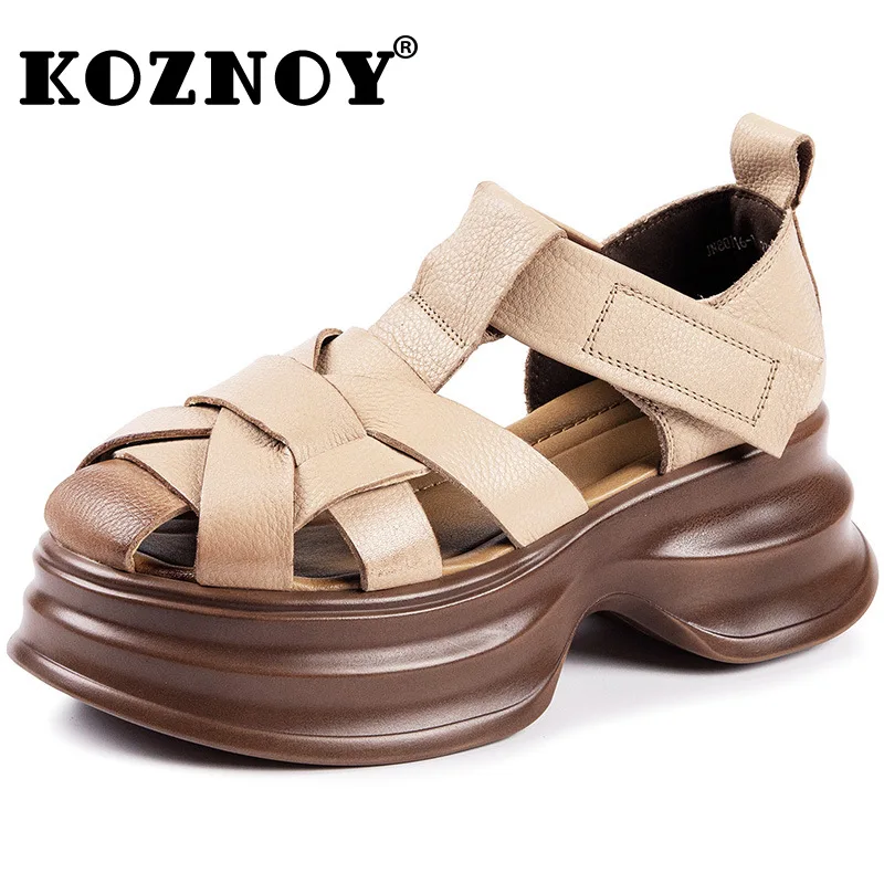 

Koznoy 6cm Women Weave Natural Cow Genuine Leather Moccasins British Hook Platform Wedge Ladies Mary Jane Hook ROME Summer Shoes