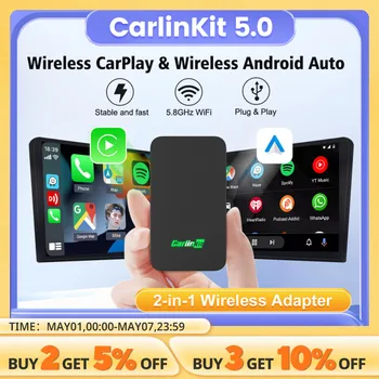 CarlinKit 5.0 2AIR 무선 카플레이, 안드로이드 자동 무선 어댑터, 스포티파이, 마쓰다, 도요타, 메르세데스, 푸조, 볼보, 기아용, 4 인 1 박스 상품 이미지