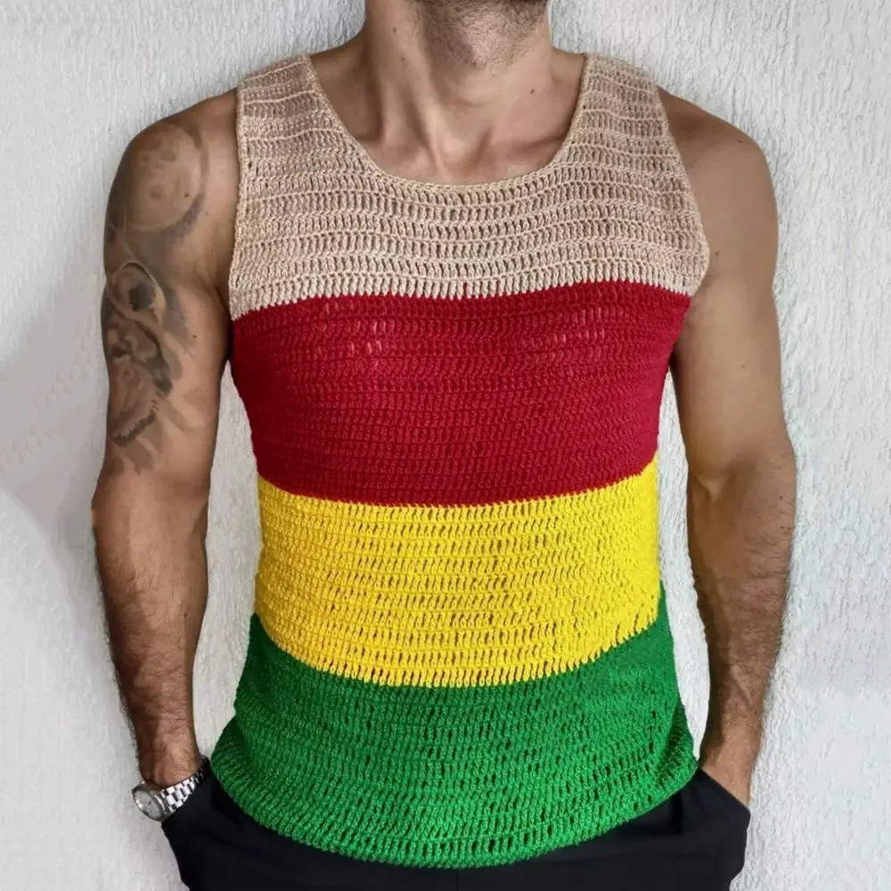 

Men's Crochet Tank Top with Colorful Stripes Men's Contrast Color Thick Knit Sweater Casual Sleeveless Pullover Vest Summer Top