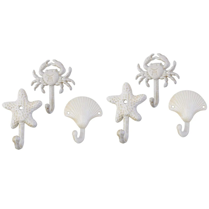 

Set Of 6 Starfish Seashell Crab Cast Iron Decorative Wall Hooks Coats Aprons Towels Hooks Beach Ocean Theme Metal Hooks