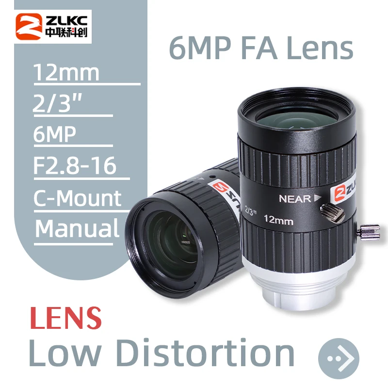 

ZLKC FA Lens 12mm C Mount 2/3 Inch Low Distorsion 6 MP Manual Iris F2.8 Machine Vision CCTV Parts Macro Lenses for Basler Camera