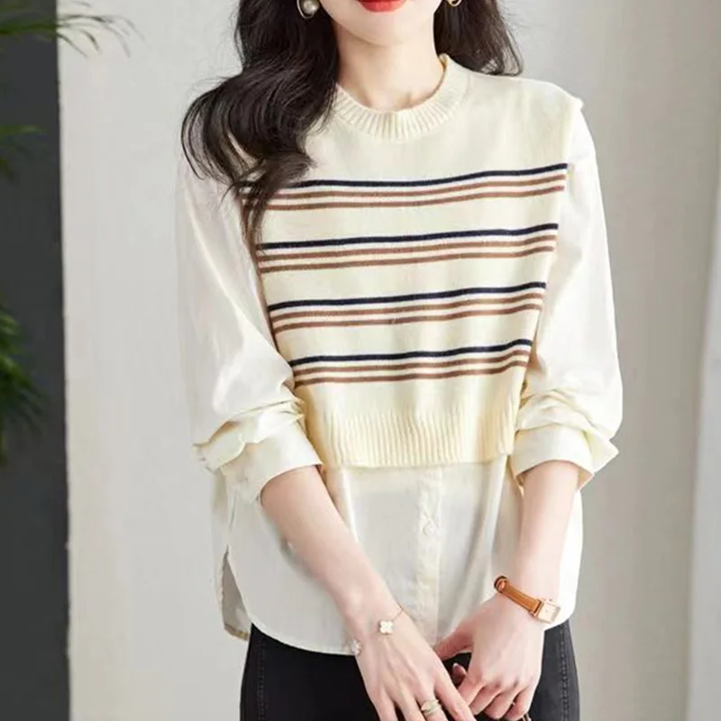 

2024 New Summer Korean Style Elegant Fashion Casual Office Lady Coat Women's Vests Splicing Knitting O Neck Long Sleeve Y2K Tops