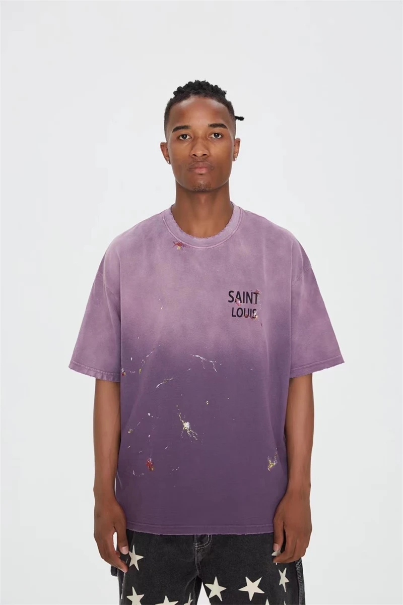 

New Saint Louis washed gradient letter logo print Vintage loose short sleeved high street casual American T-shirt tee Oversize