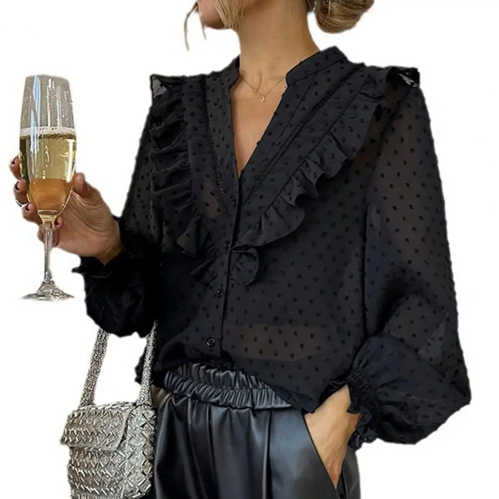 

Женская Повседневная рубашка с V-образным вырезом, рубашка с длинным рукавом-фонариком, однобортная рубашка с оборками в горошек, топы, уличная одежда
