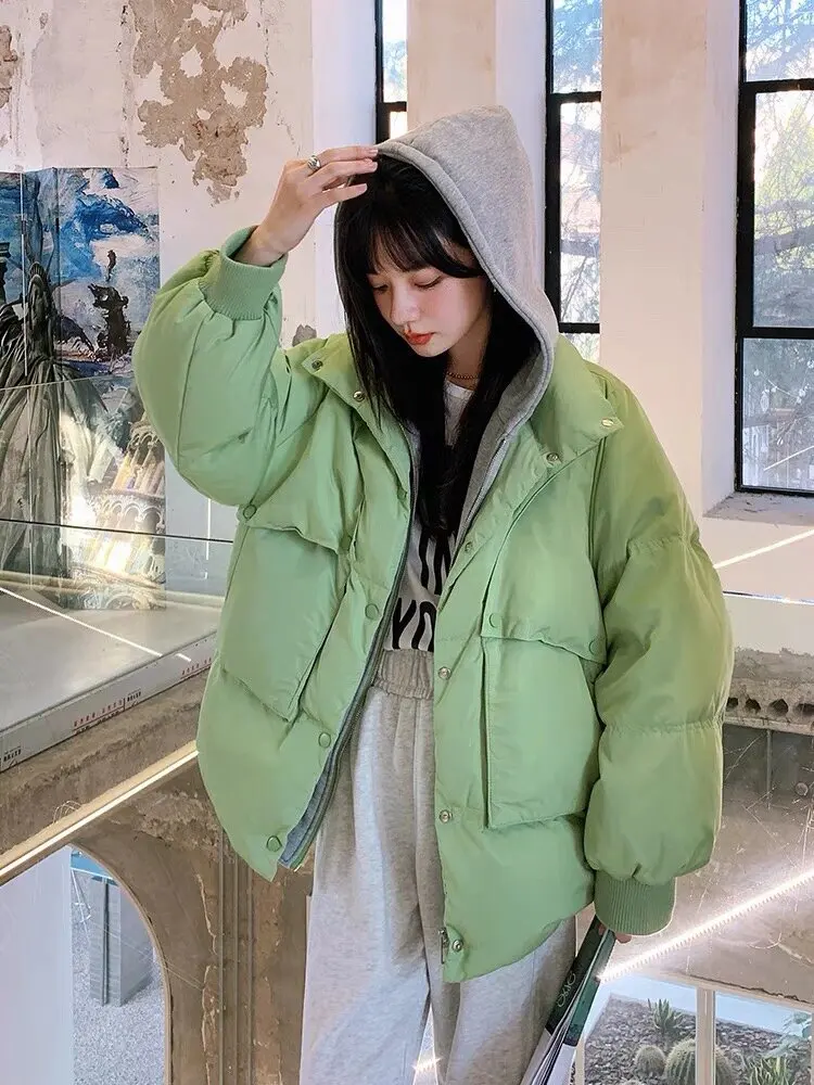 

Women Parka Winter Hooded Cotton Jacket Warm Students Puffer Jacket Coat Pockets Quilted Solid Casual Korean Fashion Coats