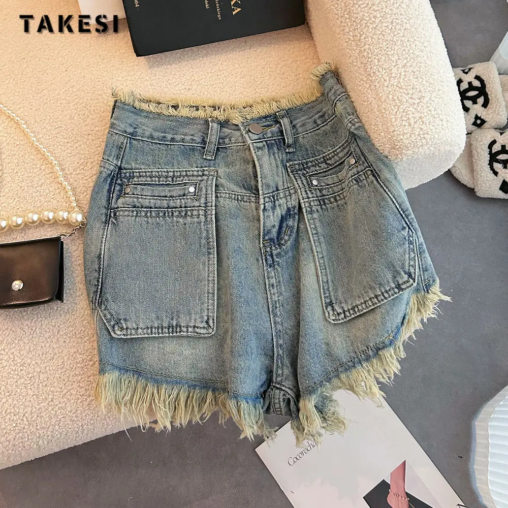 

Hotsweet Harajuku Fashion High Waist 90S Blue Denim Shorts Women's Casual Sexy Slim Fit Y2K Streetwear Tassels Jean Short