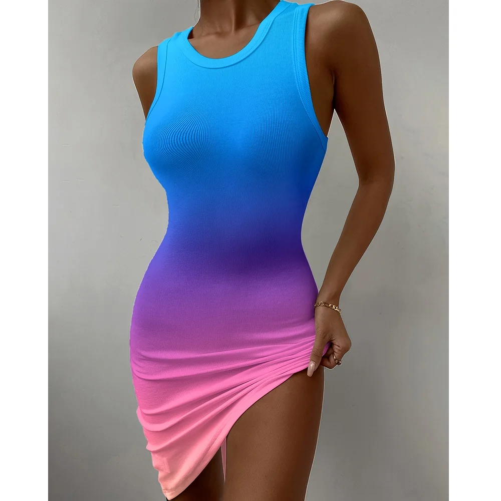 

Summer Women Ombre Ruched Bodycon Tank Dress 2023 New Femme Ribbed Skinny Round Neck Asymmetry Mini Dress Lady Outfits Vestidos