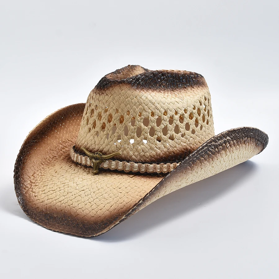 

Плетеная вручную натуральная соломенная ковбойская шляпа в западном стиле для женщин и мужчин, летние пляжные шляпы с волнистыми полями от солнца, формируемая соломенная шляпа