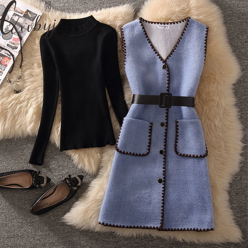 Korean Fall 2 Peice Set Women Solid Colors Sleeveless Jacket Belt+Half High Collar Knit Wear Pullover Outfits Casual Vest Suits
Korean Fall 2 Peice Set Women Solid Colors Sleeveless Jacket Belt+Half High Collar Knit Wear Pullover Outfits Casual Vest Suits