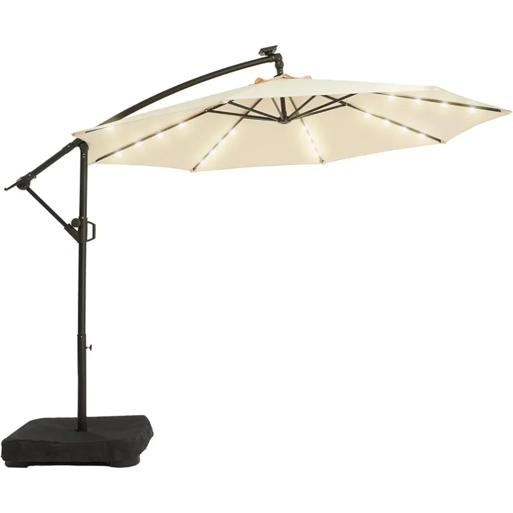 

10FT Solar Patio Offset Umbrella Outdoor Cantilever Umbrella Hanging Umbrellas with Weighted Base, Market Patio Umbrella