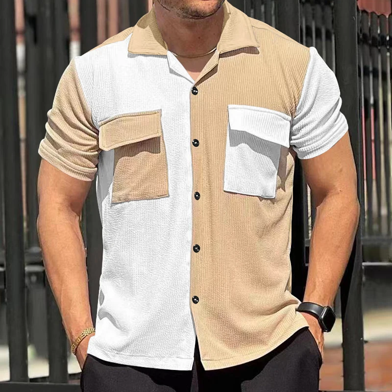 

2024Summer Beach Breathable Shirts Men Casual Short-sleeved Button Lapel Knit Shirt Vintage Patchwork Knitting Cardigans