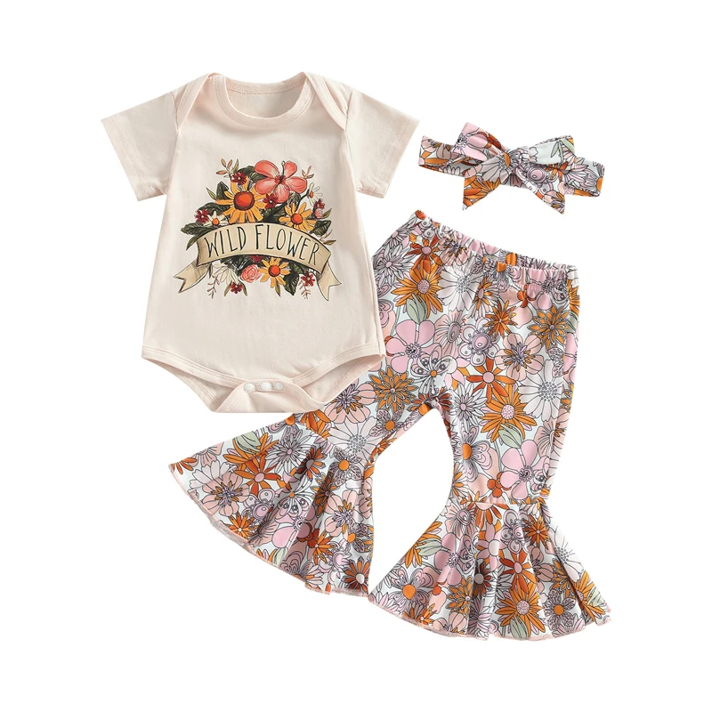 

Miolasay Infant Baby Girls Clothes Set Short Sleeve Letter Print Romper Top Flare Pants with Head Band Outfits