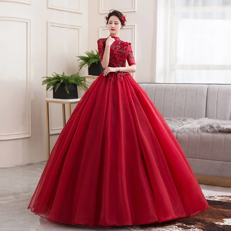 Dark Red High Neck Ball Gown Quinceanera Dresses With Appliques Lace Pearls Corset Vestido De 15 Anos Birthday Gown Lace Up Back
Dark Red High Neck Ball Gown Quinceanera Dresses With Appliques Lace Pearls Corset Vestido De 15 Anos Birthday Gown Lace Up Back