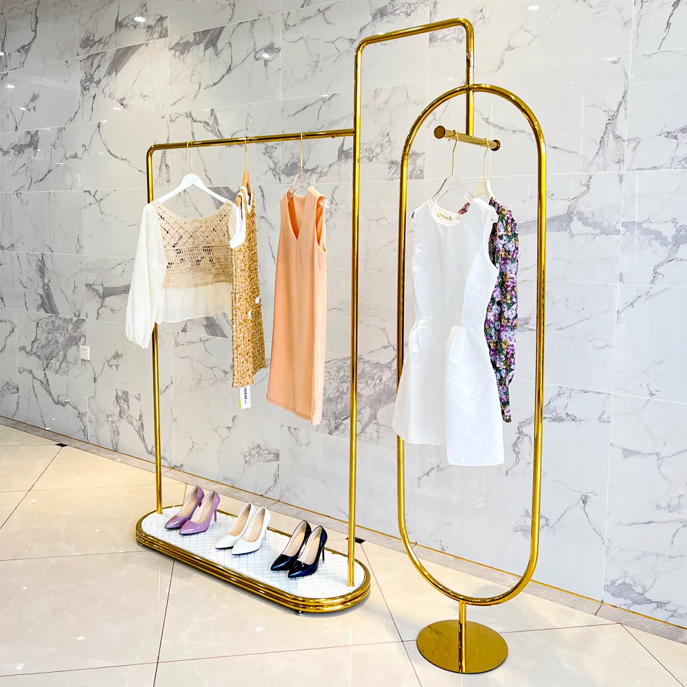 

Boutique Clothes Store Ready To Ship Retail Clothing Racks Display Stand Stainless Steel Bright Gold For Women