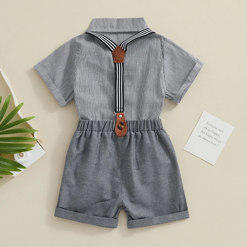 

Toddler Boy Gentleman Set Stripe Pattern Short Sleeve Shirt with Suspender Shorts 2Pcs Outfit