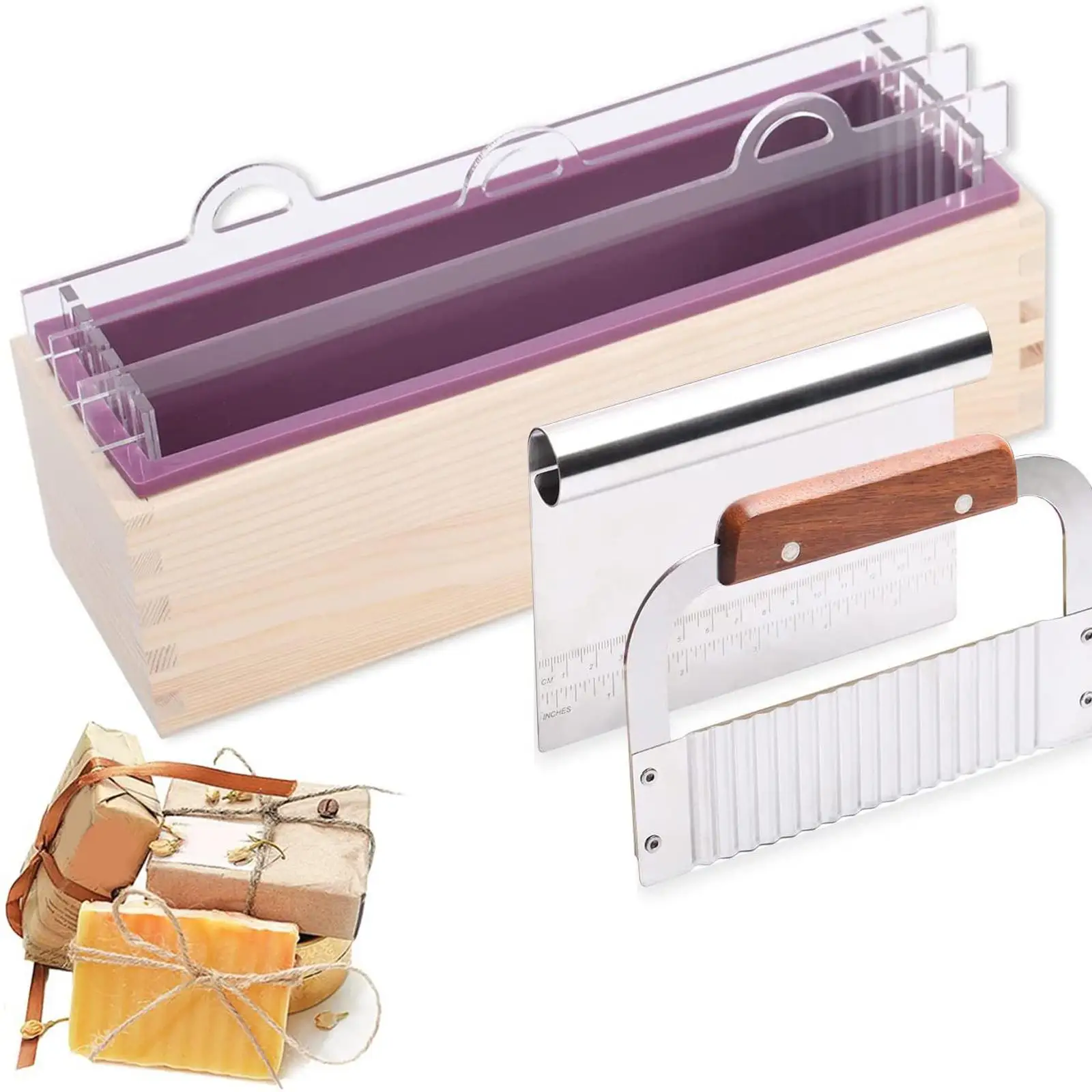 Wooden Silicone Loaf Soap Molds Kit with Stainless Steel Wavy and Straight Cutters Rectangle Soap Making Supplies Mould
Wooden Silicone Loaf Soap Molds Kit with Stainless Steel Wavy and Straight Cutters Rectangle Soap Making Supplies Mould